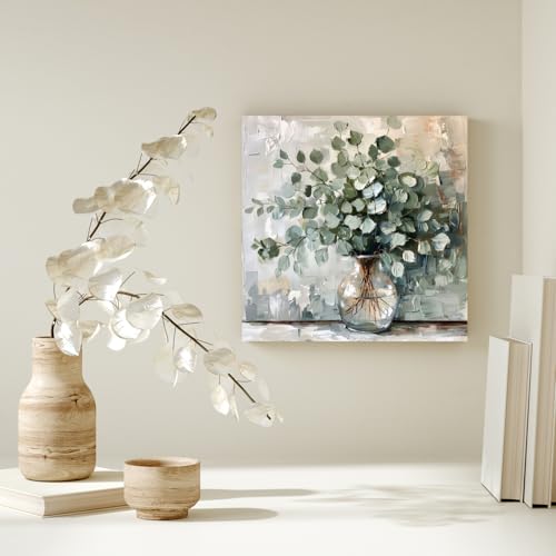 Hianan Framed Eucalyptus Leaf Wall Art, Green Botanical Wall Decor, Vintage Floral Canvas Painting, Soft Neutral Rustic Farmhouse Bathroom Art Print for Bedroom Living Room 12"x12" - image 6