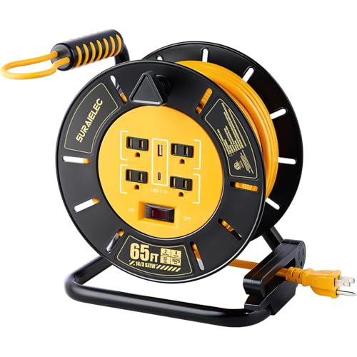 SURAIELEC 65 FT Extension Cord Reel with USB Ports