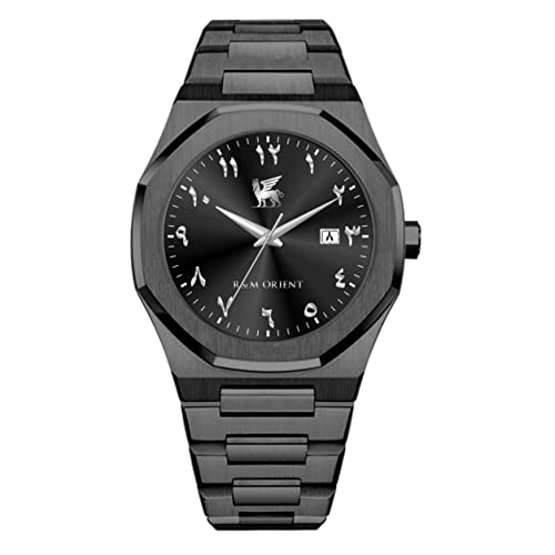 R&M ORIENT Reloj de Pulsera para Hombre con números arábigos, de Acero Inoxidable, analógico, Cristal de Zafiro, diseño, Reloj de Pulsera para Hombre, Resistente al Agua, con Calendario árabe y Fecha