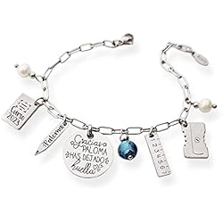 Pulsera Plata Medallas Nombres Pulsera para profesora, con el nombre personalizado y abaloriso colgando. Regalos para profesores. (Gracias (nombre) por dejar huella)
