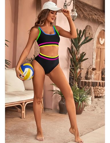 Image of BMJL Women's High Waisted Bikini Sets Sporty Two Piece Swimsuits Color Block Tummy Control Modest Bathing Suit