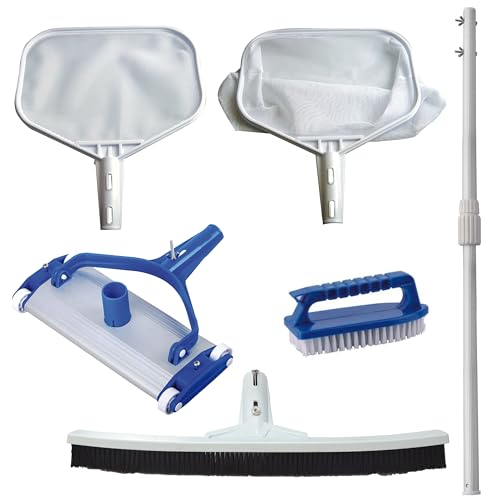 Kit de Limpieza Profesional conexión de palomilla para Piscinas Grandes - 1 Limpiafondos + 1 Pértiga + 2 Recogehojas + 2 Cepillos