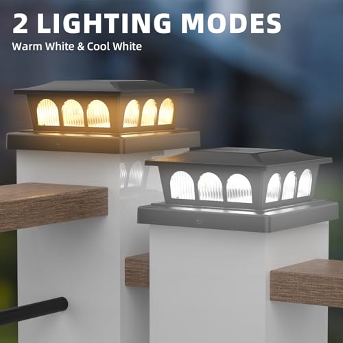 8 Pack Solar Post Cap Lights, Warm White & Cool White Auto On/Off, Waterproof Fence Post Solar Lights for 4x4 5x5 6x6 Wood/Vinyl Posts, Fence, Deck, Patio, Garden Decor (Black) - Image 3