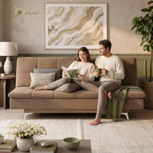 Image of Velum 3 Seater Sofa for Living Room & Office | Premium Fabric Upholstery | Solid Wood Frame | Comfortable Seating | 3 Years Warranty (Light Brown, Sofa Cum Bed)
