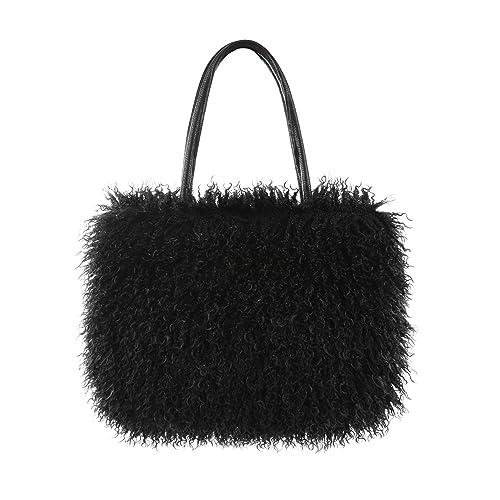 Image of Women's Fuzzy Tote Bag Curly Handbag Furry Shoulder Bag Large Plush Top Handle Purses Winter