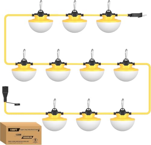 100FT LED Construction String Lights 130W 16000LM Industrial String Work Lights 2Prong IP65 Waterproof 18AWG Wire 5000K Super Bright for Construction Sites Temporary Work Jobsites Outdoor Lighting