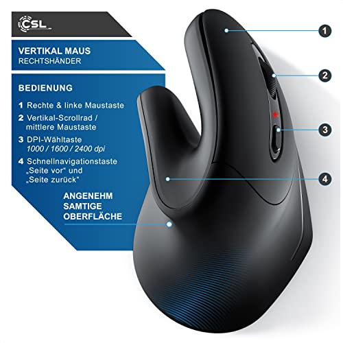 CSL – Ergonomische Kabellose Maus für Rechtshänder, Bluetooth, 1000-2400 DPI, 8 Tasten, gegen Mausarm/Tennisarm (RSI Syndrom), kompatibel mit PC, Computer, Laptop, Mac, Schwarz – Bild 5