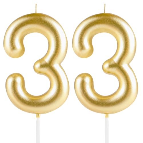 Hongplus Metallic Gold Number 33 Birthday Candle Cake Candles,Happy 33rd Candles Cake Topper Decorations for Women Men Birthday Anniversary Wedding Party