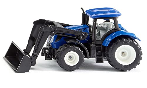 Siku 1396, New Holland Traktor mit Frontlader, Metall/Kunststoff, Blau/Schwarz, Beweglicher Frontlader, Anhängerkupplung