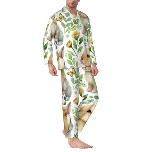 Mens Long Sleeves Pajama Set Cute Rabbits Watercolor Cozy Two-Piece Loungewear For Nighttime Comfort,Casual Wear3