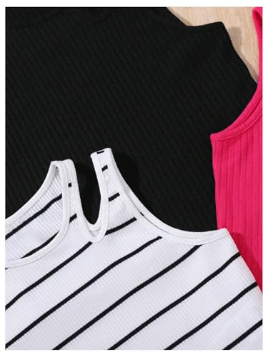 Girl's 3 Packs Ribbed Tank Tops Striped Cut Out Crew Neck Summer Sleeveless Top3