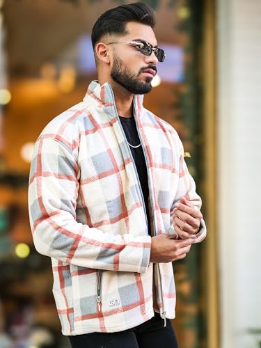 Image of Maniac Mens Checkered Full Zipper Fullsleeve Polyester Blend Fleece Shacket for Men