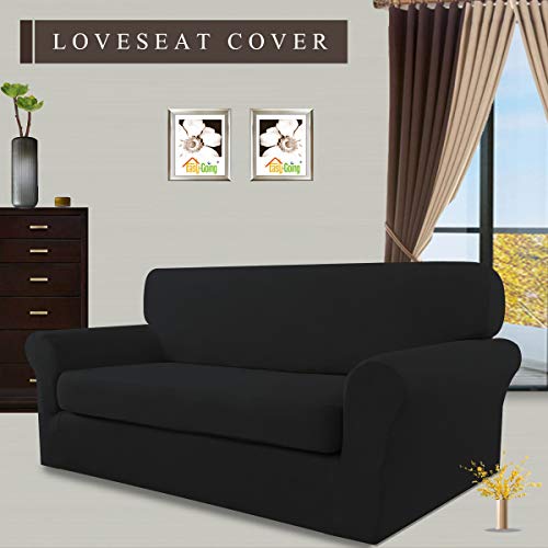 Image of Easy-Going 2 Pieces Stretch Loveseat Couch Sofa Slipcover Washable | Spandex Soft Fitted Sofa Couch Cover for Sofa Furniture Protector with Bottom Kids,Pet Dog Black
