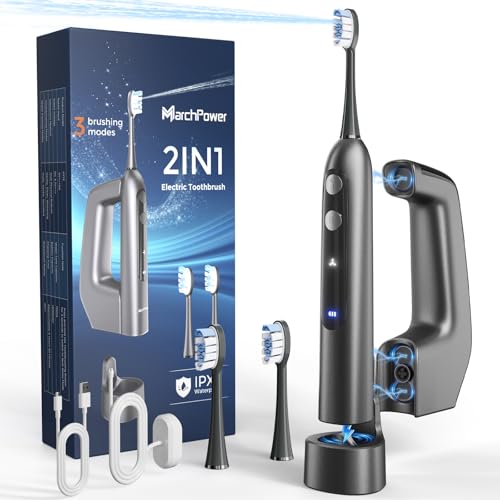 Marchpower 3-in-1 Sonic Electric Toothbrush with Water Flosser & 46° Sweep Vibration Combo, IPX7 Adult Portable Irrigator Set 3+4 Cleaning Modes, 155ml Magnetic Water Tank, 2 Replacement Brush Heads