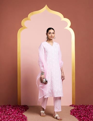 Image of Amazon Brand - Myx Women's Pure Cotton Embroidered Kurta Set with Dupatta (Available in Plus Sizes)
