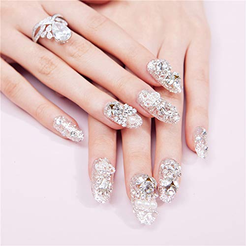 YERTTER 24pcs Rhinestones Crystal Design False Nails for Women Ladies and Girls Square Head Short Fingernails Tips Full Cover Press On Nails Glitter Art Salon DIY (Rhinestones)