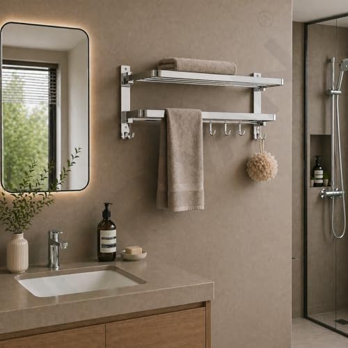 Image of GRIVAN Stainless Steel 24-Inch Folding Towel Rack with Hooks | Bathroom Shelf, Cloth Hanger, Stand for Wall - Towel Holder in Bathroom (Silver Chrome Finish)