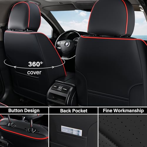 Image of Coverado Car Seat Covers Full Set, Nappa Leather Seat Covers for Car, Waterproof Car Seat Protector with Lumbar Support, Automotive Seat Covers Universal Fit for Most Cars SUV Trucks (Black-Red line)