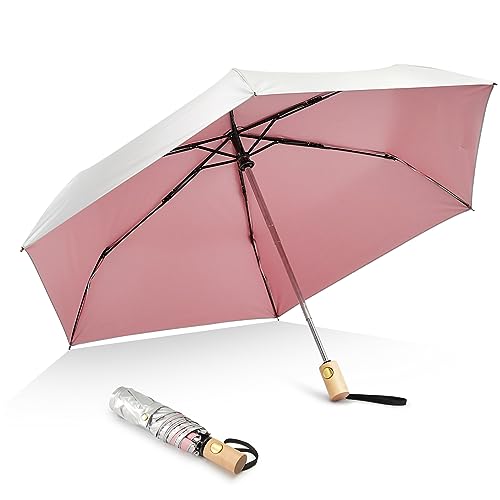 G4Free UPF 50+ UV Protection Travel Umbrella with Wooden Handle, 42 Inch Lightweight Sun Rain Folding Umbrellas Auto Open Close (Pink)