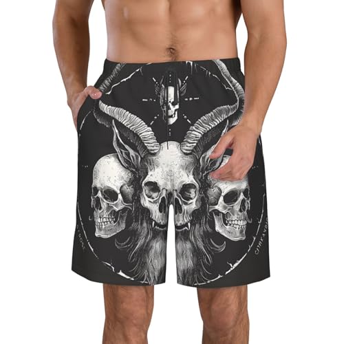 Men's Quick Dry Swim Shorts Demon Skulls 666 Mystical Magic Gothic Satan Hell Black Beach Trunks with Pockets