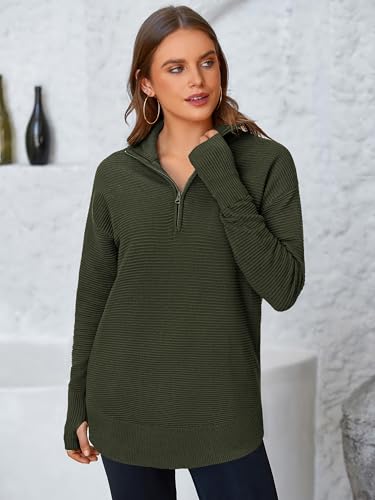 Image of PRETTYGARDEN Womens Long Sleeve Quarter Zip Pullover Sweater | Casual Loose V Neck Sweaters with Thumb Hole, Collared Ribbed Knit Jumper Tops, Oversized Tunic Tops, Fall Outfits 2026