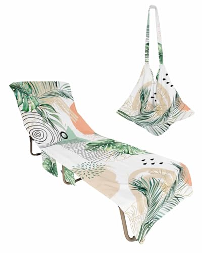 Palm Leaves Beach Chair Cover with Side Pockets, Microfiber & Quick Dry Pool Chaise Lounge Chair Towels Covers for Sun Sunbathing Patio Garden Hotel, Boho Tropical Botanical Orange Green White