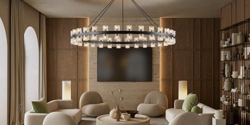 Image of 60 Inch Black Wagon Wheel Chandelier with Crystal Shade, 60 Lights, Modern Farmhouse Style, Ideal for Dining Room, Kitchen, Entryways