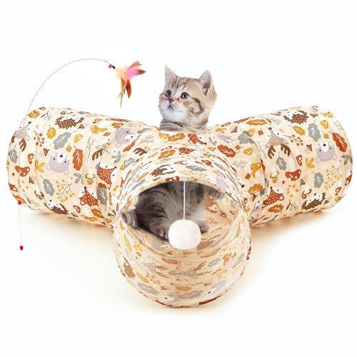 Tempcore Pet Cat Tunnel Tube Cat Toys 3 Way Collapsible, Cat Tunnels for Indoor Cats，Kitty Tunnel Bored Pet Toys Peek Hole Toy Ball Puppy, Kitty, Kitten, Rabbit Beige Deer