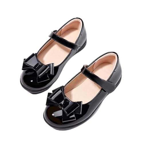 Girls Patent Leather Mary Jane Flats, Bow Detail, Ankle Strap, Black