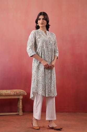 Image of SAVI Women's Cotton Floral Printed Kurti | Straight Fit Ethnic Wear | Casual Kurta | Office Wear Kurti | 3 /4 Sleeves