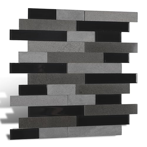 Nicesungdeco 5-Sheet Peel and Stick Mosaic Natural Real Stone Glass Self Adhesive Marble Tiles, 12' x 12' Stick on Backsplash for Kitchen Bathroom Fireplace Vanity, Black