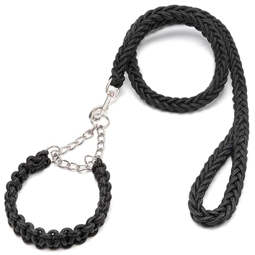 Guido per cani di grossa taglia che tirano il guinzaglio in nylon intrecciato da 51 pollici con clip di metallo e impugnatura a anello per camminata all'aperto, nero, si adatta a 19-32, 5 kg, guinzagl