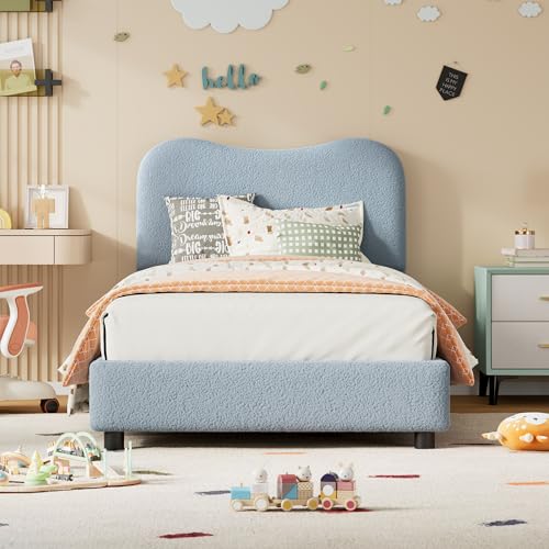 Twin Bed Frame for Kids with Velvet Upholstered Headboard, Cute Low Profile Platform Bed for Girls and Boys, No Box Spring Needed, Strong Wooden Slats, Noise Free, Easy Assembly, Blue