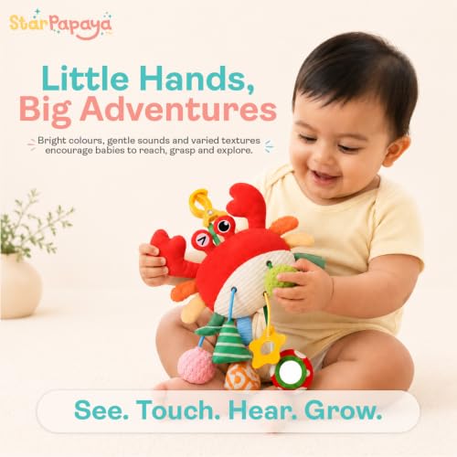 Image of Crab Plush Stroller Toy for Babies 0-12 Months | Colorful Hanging Sensory Rattle Toy with C-Clip for Crib | Washable Interactive Tummy Time Soft Toy | Pram & Car Seat Toy for Toddlers