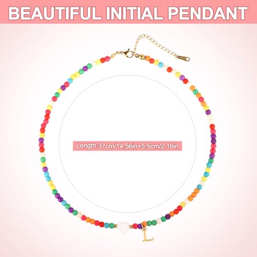 Initial Beaded Necklace, Colorful Cute Beaded Necklace with Heart Shells Stylish Letter Pendant Necklace Handmade Personalized A-Z Gifts for Women Girls (Letter L)2