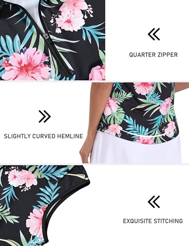MoFiz Women's Sleeveless Golf Polo Shirts 1/4 Zip Floral Tennis Workout Golf Tank Top4