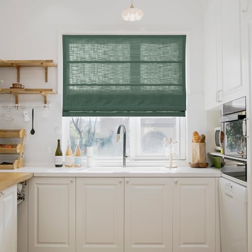 Image of TWOPAGES Liz No Drill Cordless Roman Shades Linen Textured Roman Blinds for Windows, Custom Made Room Darkening Blackout Roman Window Shades, Hardware Included, Peacock, 1 Piece