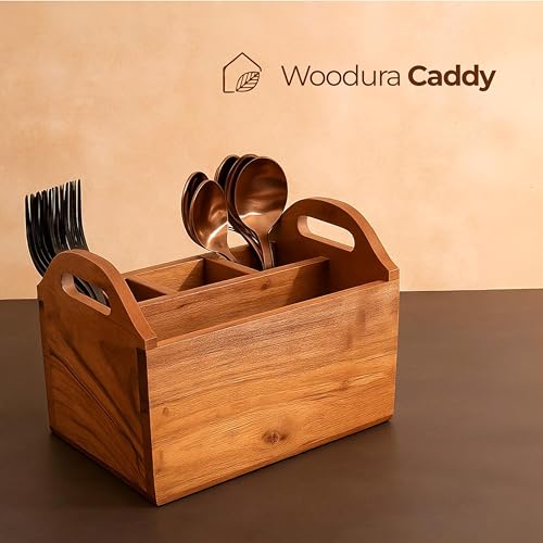 Image of Ikari Homes Premium Cutlery Stand I Boho Wooden Caddy I Spoon knife Fork Tissue Holder Stand I Cutlery Stand I Premium Acacia Wood I Bigger size with 4 Multi compartments - 8 x6 inches