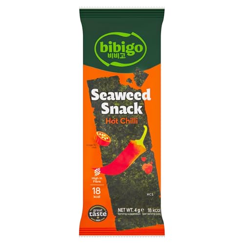 Bibigo Seealgen Snack Hot Chili – Scharf gewürzte und geröstete Seelagenblätter – Ideal als Snack oder Topping – 6 x 4 g