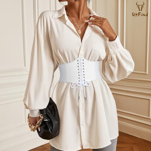 Women Elastic Wide Corset Belt Vintage Lace-up Tied Waspie Corset Waist Belts for Halloween Renaissance Punk Costume, White, Fit waist size 42''-46''3