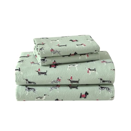 La Mejor Lista de Sabanas de Franela Matrimonial los mejores 5. 48 Laura Ashley - Juego de sábanas matrimoniales, Ropa de Cama de Franela de algodón, Cepillado para Mayor suavidad y Comodidad (Cachorros de día Festivo, Verde, matrimonial)