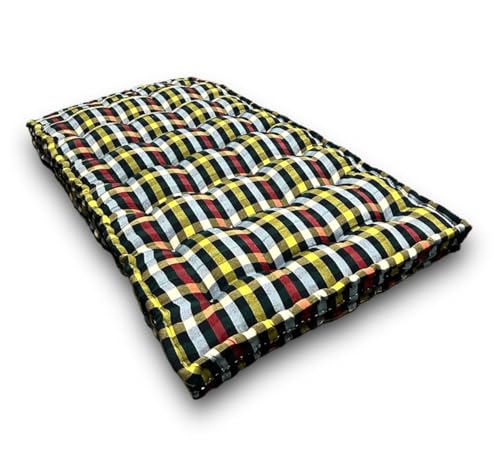 Image of ATOOTFUSION Small Single 5-Inch Thick Cotton Box Quilt Toshak Mattress | Medium Firm | Foldable & Reversible | White and Black Checkered Design | 72x30x5 Inches