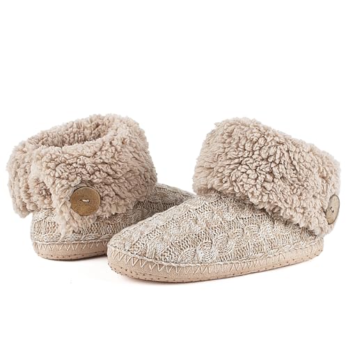 Image of cosyone1997 Cable Knit Slipper Socks for Women Non Slip Soft Sole | Fuzzy sherpa lining, gripper dots, flexible bootie coverage and machine washable care for warm, comfortable indoor wear