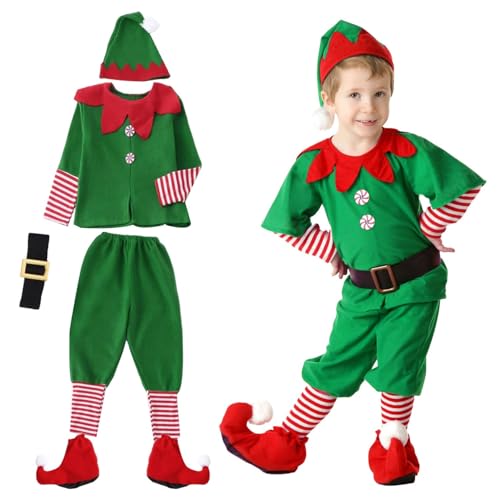 MOPQMKT Enfant Ensembles de Noël Vêtements- 5pcs Costumes de Noël Vert Costume de Lutin de Noël Enfant Cosplay Vêtement pour Fête Costumée, Halloween, Noël(130CM)