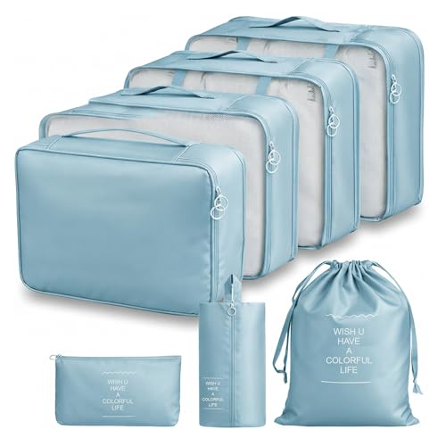 Image of BRAND VILLA 7 Pcs Travel Organizer Set Packing Cubes Luggage Organizer Bags with Shoe Bag, Laundry Pouch & Toiletry Bag for Clothes, Shoes, Accessories, Lightweight Travel Storage for Suitcase (Blue)