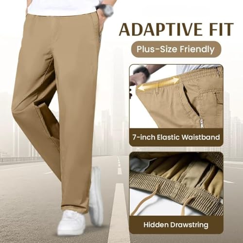 Puliam Mens Stretch Pants, Flex Fit Zipper-Pocket Durable Pants Relaxed Fit Trousers with Zipper Pockets3