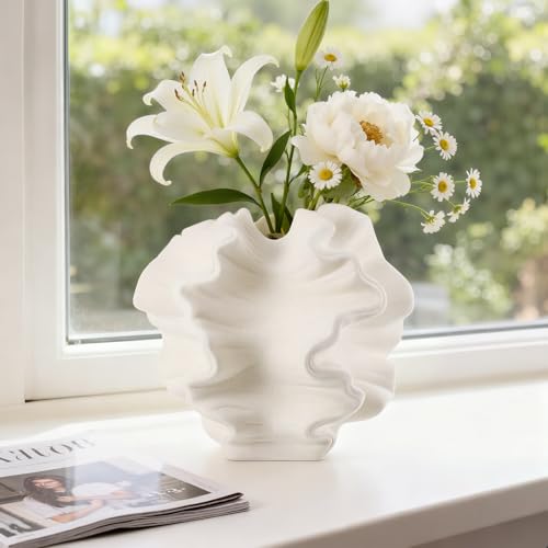 TranRantic Keramik Vase Beige, Welle Blumenvase Modern,...