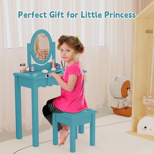 Image of HLR Little Girls Vanity Set with Mirror and Stool,Wooden 2 in 1 Princess Makeup Desk Dressing Table with Detachable Top,Toddler Vanity Dresser Set with Drawer,Blue