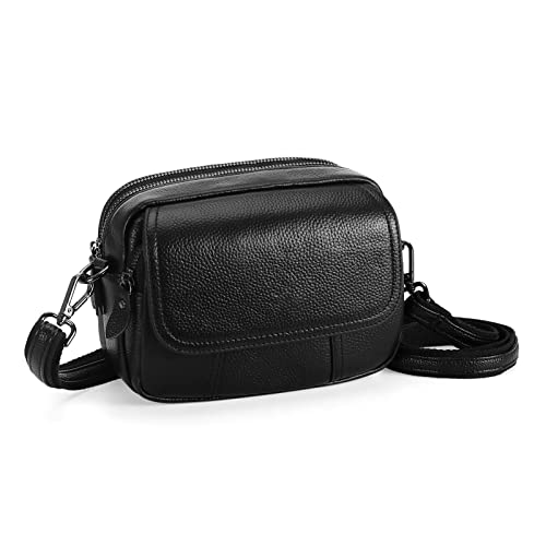 Sac Bandoulière Femme Cuir Véritable - Mini Sac à Main Multi-Poches Noir Chic