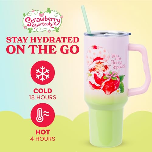 Image of Silver Buffalo Strawberry Shortcake You Are Berry Special Vintage Pink and Green Ombre Double Walled Stainless Steel Tumbler with Handle and Straw, Fits in Standard Cup Holder, 40 Ounces